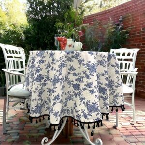 Floral Blue and White Toile 60” Round Tablecloth